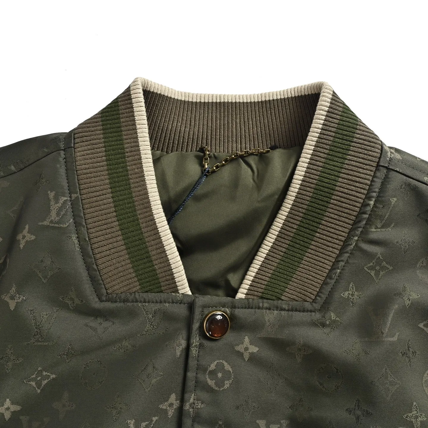 Louis Vuitton/Louis Vuitton olive green all-over printed old flower satin baseball jacket